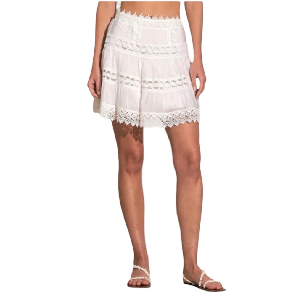 Elan White Crochet Lace Tiered Mini Skirt Boho Summer VCL4078 Large